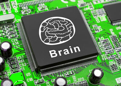 Computer chip with a drawing of a brain on it